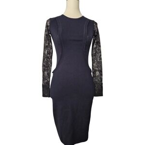 Temperley‎ London Two Tone Lace Sleeve Bodycon Midi Dress Navy Black Size XS